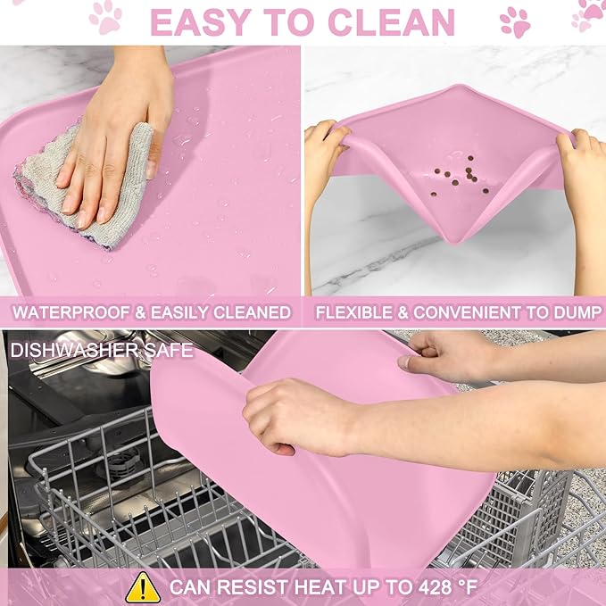Smilool Silicone Pet Food Mat with Raised Edge for Food and Water Bowl, Dog Feeding Mats, Cat Food Trays for Floor Waterproof, Rubber Tray for Dogs and Cats, 24 x 16 x 0.8 Pink