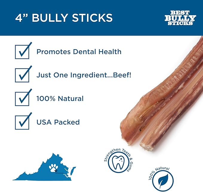 Best Bully Sticks 4 Inch Bully Sticks - 16 oz (Pack of 1) - 100% Natural Grass-Fed, Grain and Rawhide Free, Ideal for Small or Young Canines