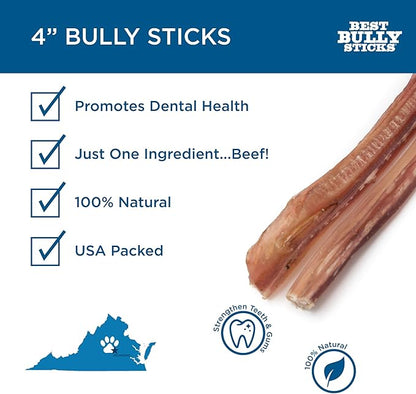 Best Bully Sticks 4 Inch Bully Sticks - 16 oz (Pack of 1) - 100% Natural Grass-Fed, Grain and Rawhide Free, Ideal for Small or Young Canines