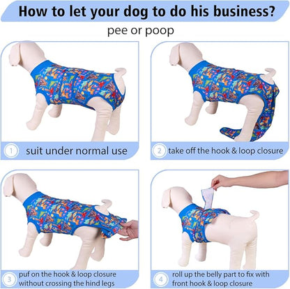 PetWarm Dog Spay Recovery Suit, Surgery Suit for Dogs, Onesie for Dogs, Anti-Licking Dog Surgical Recovery Pajamas, Bodysuit for Abdominal Affected Areas Sensitive Skin Areas, Zoo Pattern, Blue, XS
