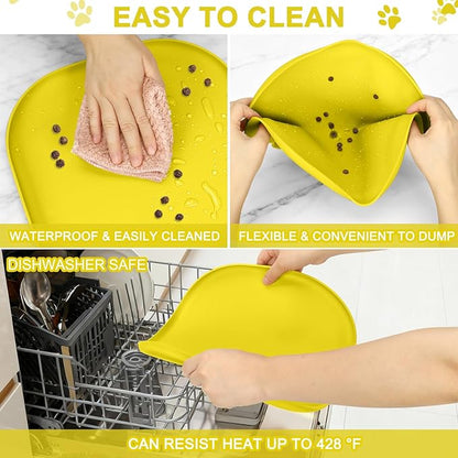 Smilool Small Silicone Pet Food Mat with Raised Edge for Food and Water Bowl, Square Dog Feeding Mats, Cat Food Trays for Floor Waterproof, Rubber Tray for Dogs and Cats, 12 x 12 x 0.7 Light Yellow