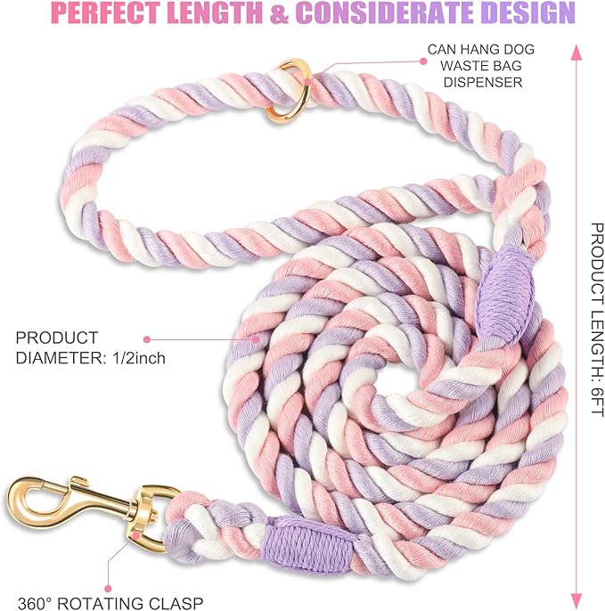 Dog Leash 6 FT Handmade Braided Cotton Rope Leashes for Small Medium and Large Dogs, New Golden Heavy Duty Metal Clasp, Unicorn Purple