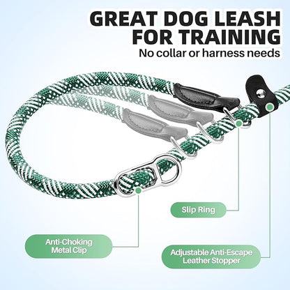 SlowTon Slip Lead for Dogs - Hands Free No Tangle Adjustable 4-6 FT 1/2” Rope, Heavy Duty Nylon Leash for Large Medium Dogs that Pull, No Pull Training Slip Leashes, 20-120lb, Green