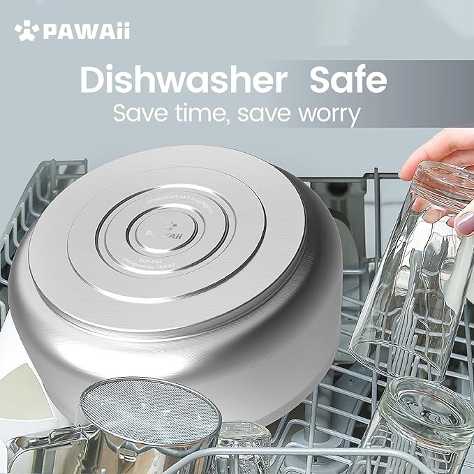 Pawaii Dog Bowl, 34 oz Double-Wall Stainless Steel Food and Water Bowl, Non-Slip Rubber Base, Dishwasher Safe, ID Tag Included, (1 Pack)