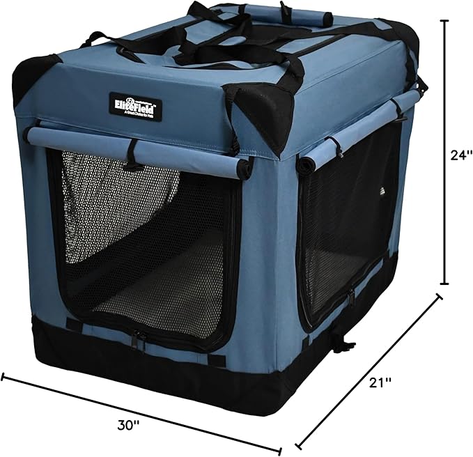 EliteField 4-Door Folding Soft Dog Crate with Curtains, Carrying Bag and Fleece Bed (2 Year Warranty), Indoor & Outdoor Pet Home (30" L x 21" W x 24" H, Blue Gray+4 Door Curtains)