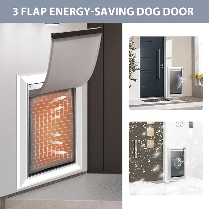 [Petoasis] 3-Flaps Dog Door for Wall, Rust Proof Aluminum Alloy Frame, Extreme Weather Dog Door Can Block Wind, Snow, and Rainwater Intrusion (Silvery White, Meduim for Wall)