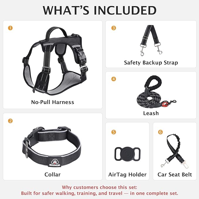 IEUUMLER No Pull Dog Harness, Reflective Front Clip Vest with Leash,Safety Belt and Backup Safety Strap, Adjustable Easy Control Handle,Air Tag Dog Collar for Small Medium Large Dogs EU021 (Black, XL)