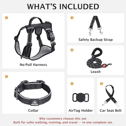 IEUUMLER No Pull Dog Harness, Reflective Front Clip Vest with Leash,Safety Belt and Backup Safety Strap, Adjustable Easy Control Handle,Air Tag Dog Collar for Small Medium Large Dogs EU021 (Black, XL)