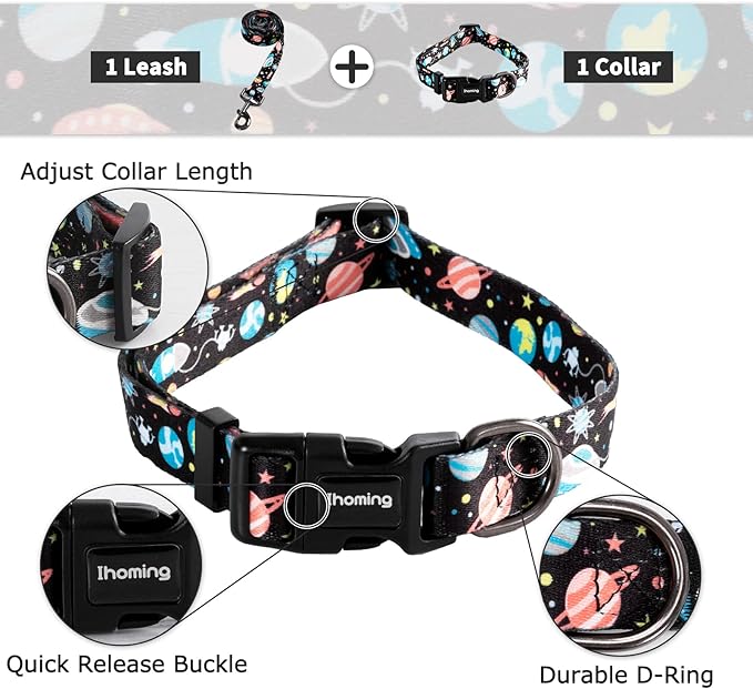 Ihoming Dog Collar and Leash Set for Daily Outdoor Walking Running Training, Space Design for Large Boys Girls Dogs Cats Pets, L-Up to 80LBS