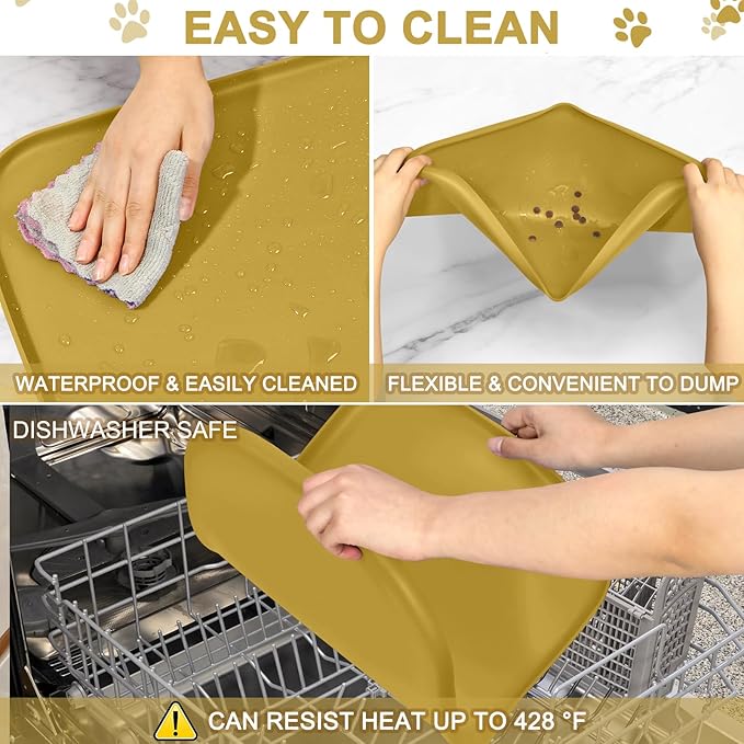 Smilool Silicone Pet Food Mat with Raised Edge for Food and Water Bowl, Dog Feeding Mats, Cat Food Trays for Floor Waterproof, Rubber Tray for Dogs and Cats, 24 x 16 x 0.8 Honey