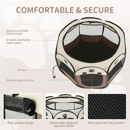 Dog playpen, Foldable Puppy Playpen, Pet Playpen Carrier Pop Up Tent 8-Panel Mesh Cover Adorable Design 600D Soft Oxford Playpen Kennel for Indoor-Outdoor Dog Cat Rabbit. (M 35" 35" 24", Brown)