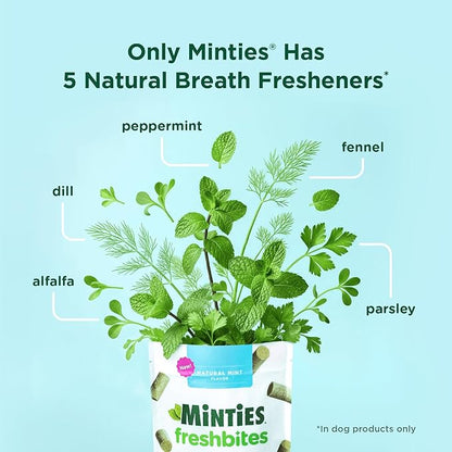 Minties FreshBites Soft and Chewy Dental Treats, Low Calorie Natural Mint Flavored Dental Chews for Dogs, 100 Count, Dog Chews Clean Teeth, Fight Bad Breath, Removes Plaque and Tartar