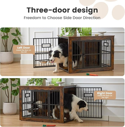 38 Inch Heavy Duty Dog Crate Furniture for Medium Dogs, Decorative Pet House End Table with 3 Doors & Adjustable Bowls, Wooden Cage Kennel Furniture Indoor, Rustic Brown