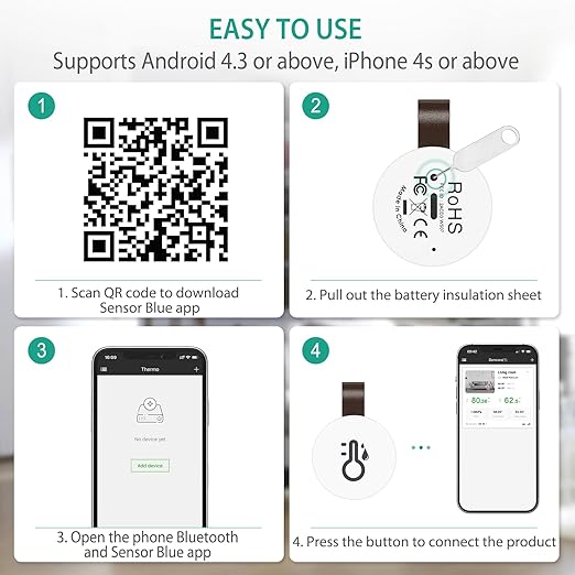 ORIA Wireless Thermometer Hygrometer, Mini Wireless Humidity Temperature Sensor with Data Export and Alert, Temp Humidity Monitor for House, 2 Pack