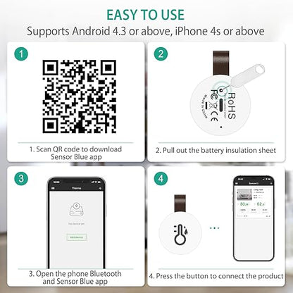 ORIA Wireless Thermometer Hygrometer, Smart Bluetooth Humidity Temperature Sensor, Mini Indoor Outdoor Temperature Monitor with Data Storage and Export, Smart App Alert, 3 Pack