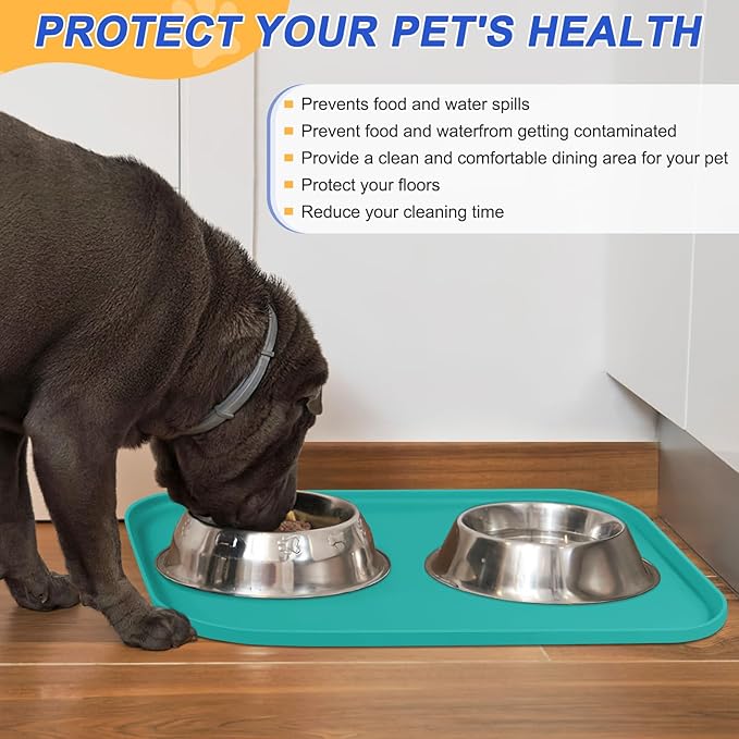 SMILOOL Silicone Pet Feeding Mat with Raised Edge for Food and Water, Dog Bowl Mats, Cat Bowls Placemat with High Lip for Floor Waterproof, Rubber Tray for Cats and Dogs 22 x 14 x0.8 Dark Turquoise