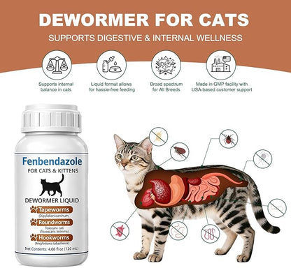 Cat Dewormer for Cats – Fenbendazole Liquid Broad Spectrum Wormer for Tapeworms, Roundworms & Hookworms, 120 mL (4.2 fl oz)