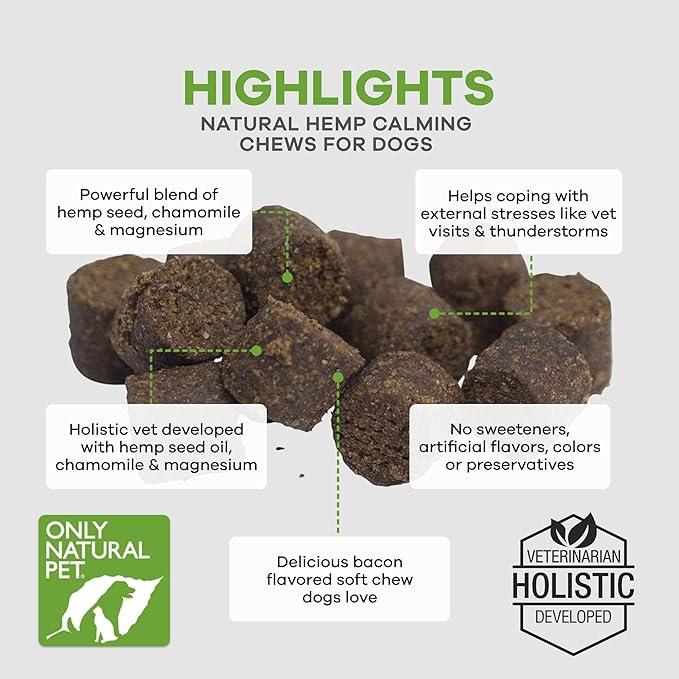 Only Natural Pet - Natural Hemp Soft Chew Bites for Dog Stress & Anxiety Relief - L-Theanine, Chamomile & Lemon Balm - Calming Chews for Dogs - 60 Count