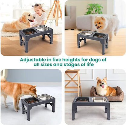 Niubya Elevated Dog Bowls, with Slow Feeder Bowl and Stainless Steel Dog Food Bowl, Raised Dog Bowls Adjusts to 5 Heights (3.15", 8.66", 9.84",11.02", 12.2") for Small Medium and Large Dogs