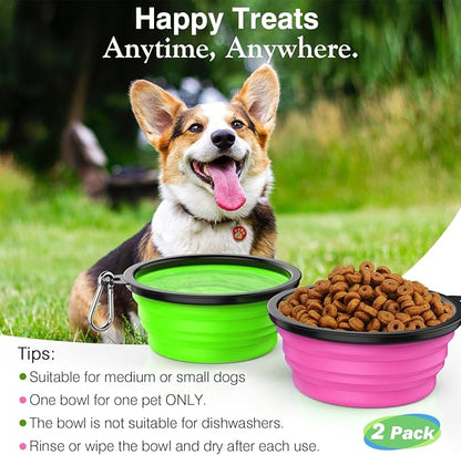 Pawaboo Collapsible Dog Bowls 2 Pack, Silicone Feeding Watering Bowls with Lids & Carabiners for Dogs Cats, Portable Water Feeder Food Bowl for Walking Traveling Home Use, Pink + Green