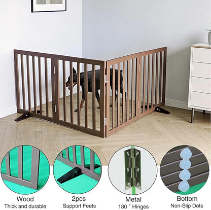 Dog Gate Indoor, Freestanding Dog Fence for The House, Doorways, Hallways,or Stairs,Pet Gate Foldable Wooden,Expandable 24" Height 4 Panels,Brown