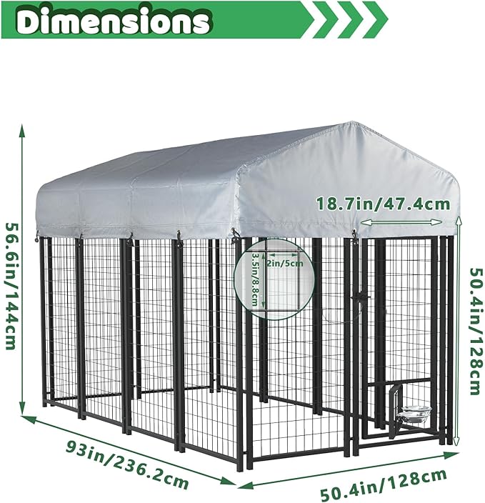 LEMBERI 8x4x4 Outside Dog Kennel with Roof for Large Dogs,Heavy Duty Welded Wire Steel Dog Playpen Fence with Secure Lock, Pet Pen with UV-Resistant Waterproof Cover (93.1''L x 50.4''W x 56.6''H)
