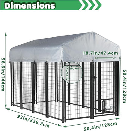 LEMBERI 8x4x4 Outside Dog Kennel with Roof for Large Dogs,Heavy Duty Welded Wire Steel Dog Playpen Fence with Secure Lock, Pet Pen with UV-Resistant Waterproof Cover (93.1''L x 50.4''W x 56.6''H)