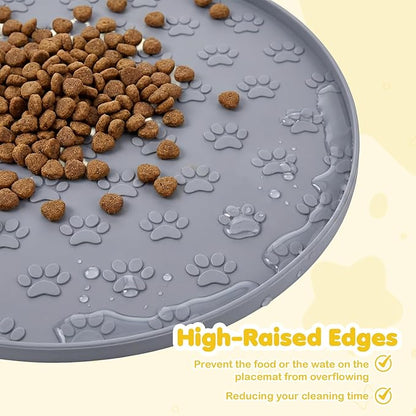 Silicone Pet Food Mat, Dog Dish Mat, Dog Cat Food Mats Small, Silicone Mats for Dogs Bowls, Waterproof Non-Slip Dogs Cat Water Bowl Placemat with Raised Edge, Gray