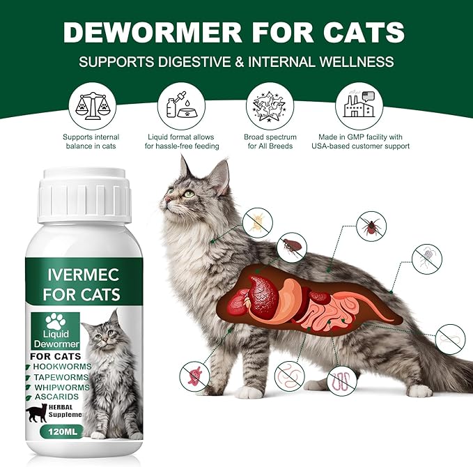 lvermect Dewormer Liquid for Dogs and Cats, Digestive Cleanser Treatment, Broad Spectrum for All Wormer, Hookworms, Lung Worms, Pin Worms, Round Worms