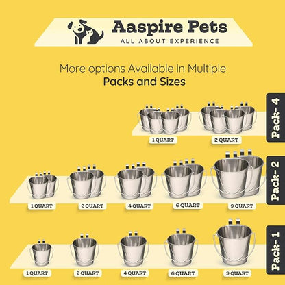 6 Quart Stainless Steel Flat Sided Bucket with Dual Hooks | 2 Pcs Food & Water Bowl for XL Dog Goat Cattle Horse & Livestock | Fits kennel Crate Cages Farm Hanging Pet Pail | Multipurpose