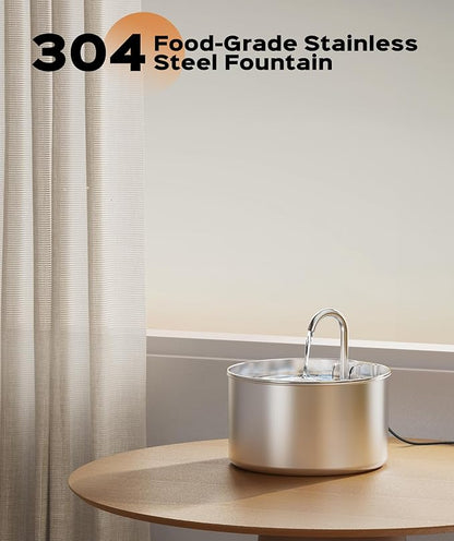 Cat Water Fountain Stainless Steel + 6 Filters + 3 Sponges - Pet Water Fountain 24/7 Keep The Water Fresh 74oz Capacity Ultra-Quiet No Sputter Compact Easy to Clean