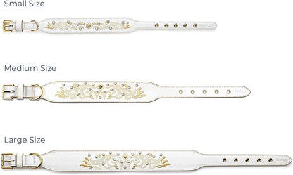 Blueberry Pet Western Genuine Leather Dog Collar for Small Breeds, Pearl White - Floral Embroidery, Pearl Studs, Adjustable 12-15 Inch Neck