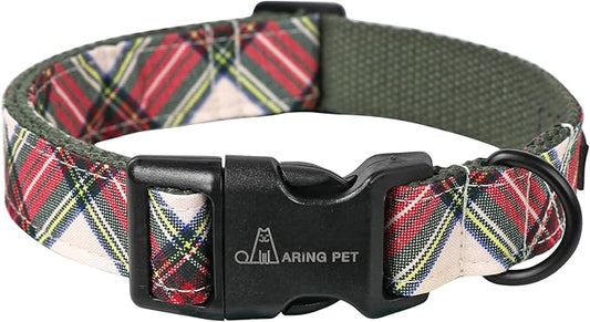 ARING PET Christmas Dog Collar, Cute Red Green Plaid Cotton Lightweight Pet Puppy Collars for Small Medium Large Dogs-L