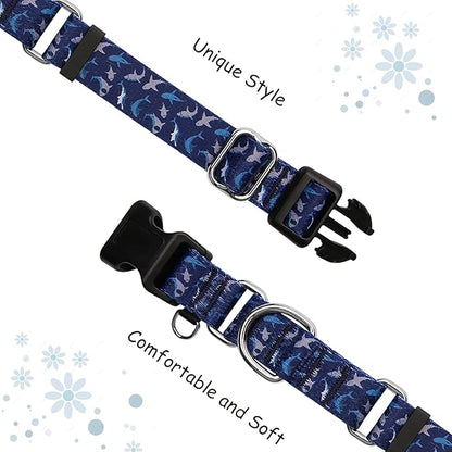 Martingale Collar for Dogs with Buckle Shark Dog Collar Adjustable Soft Nylon Boy Dog Collars for Puppy Dogs, Deep Blue Shark