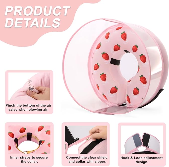 Inflatable Dog Cone Collar for Large Medium Small Dogs, Soft Dog Donut Collar Adjustable Recovery Cone for Pets After Surgery, Extra Enhanced Anti-Licking Guard Shield (Strawberry Print, Large)