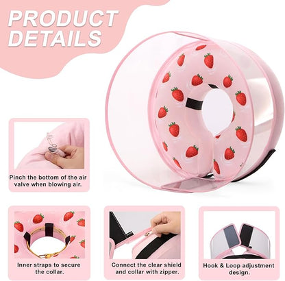 Inflatable Dog Cone Collar for Large Medium Small Dogs, Soft Dog Donut Collar Adjustable Recovery Cone for Pets After Surgery, Extra Enhanced Anti-Licking Guard Shield (Strawberry Print, Medium Plus)
