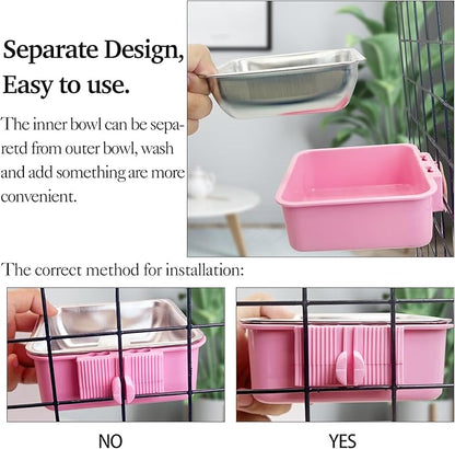 kathson Crate Dog Bowl, Removable Stainless Steel Hanging Pet Kennel Cage Bowl Food & Water Feeder Coop Cup for Puppy, Cat, Rabbit, Guinea Pigs 3pcs Small Square(Blue, Green, and Pink)