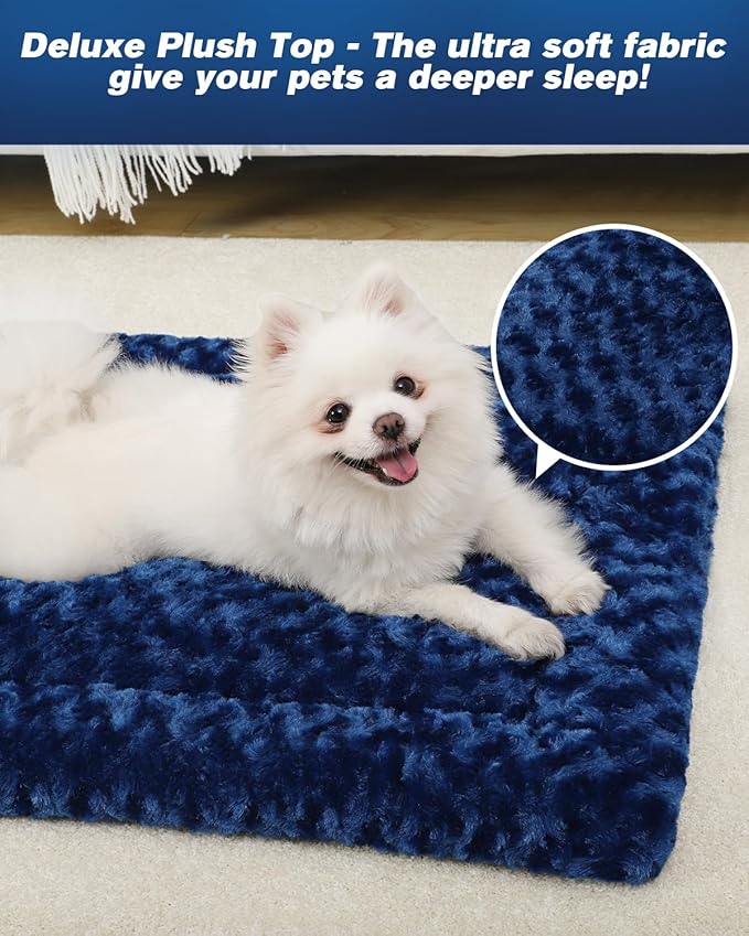 Washable Dog Bed Mat Soft Dog Crate Pad Fluffy Pet Kennel Beds Sleeping Mattress with Non-Slip Bottom for Large Jumbo Medium Small Dogs, 47 x 29 Inch, Blue