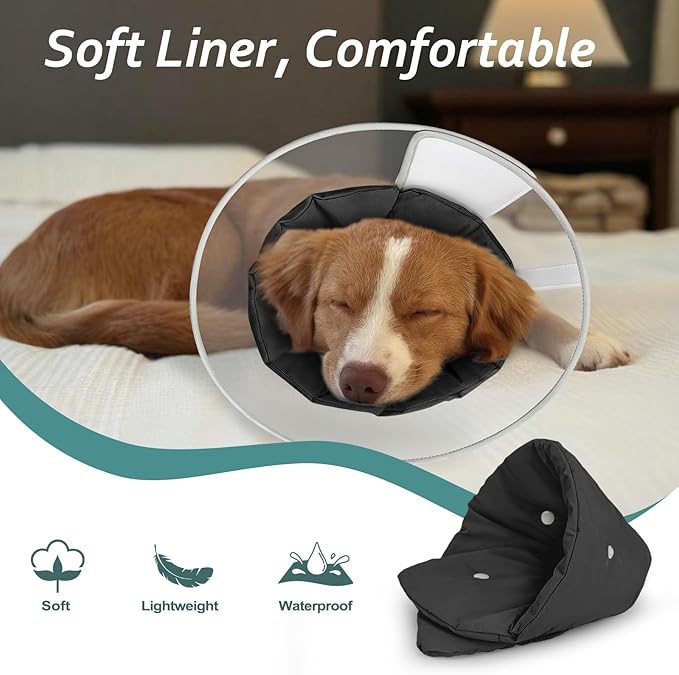 Dog Cone Collar with Snap-on Detachable Soft Liner, Lightweight Transparent Elizabethan Alternative to Stop Licking, for Spay Neuter Surgery Recovery, for Medium Large Small Dogs (Black,L)