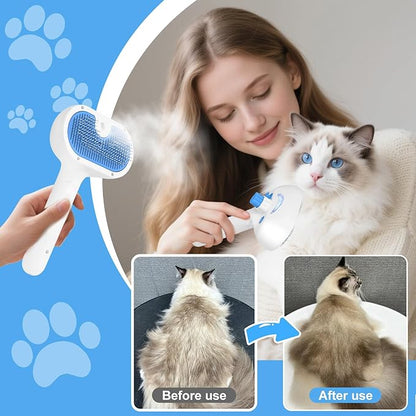 Pet Steam Brush for Dog & Cat - 3-in-1 Steam Grooming Brush for Shedding & Hair Removal - Pet comb leave-in serum with Mist for Long Haired Pets - Includes 2*Waterless Shampoo, Blue