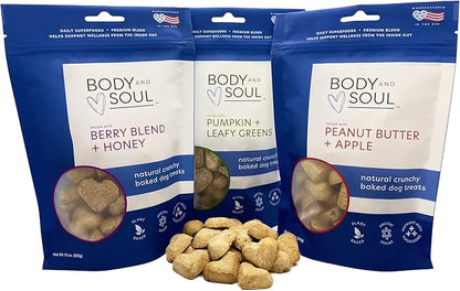 Body and Soul Superfood Crunchy Premium Health Training Dog Treat Variety 3Pk, Peanut Butter Apple, Pumpkin Leafy Green, Berry Blend Honey Clean Plant Protein Biscuit Oven Baked Ancient Grain Made USA