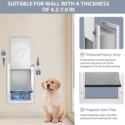 [Petoasis] 3-Flaps Dog Door for Wall, Rust Proof Aluminum Alloy Frame, Extreme Weather Dog Door Can Block Wind, Snow, and Rainwater Intrusion (Silvery White, Meduim for Wall)