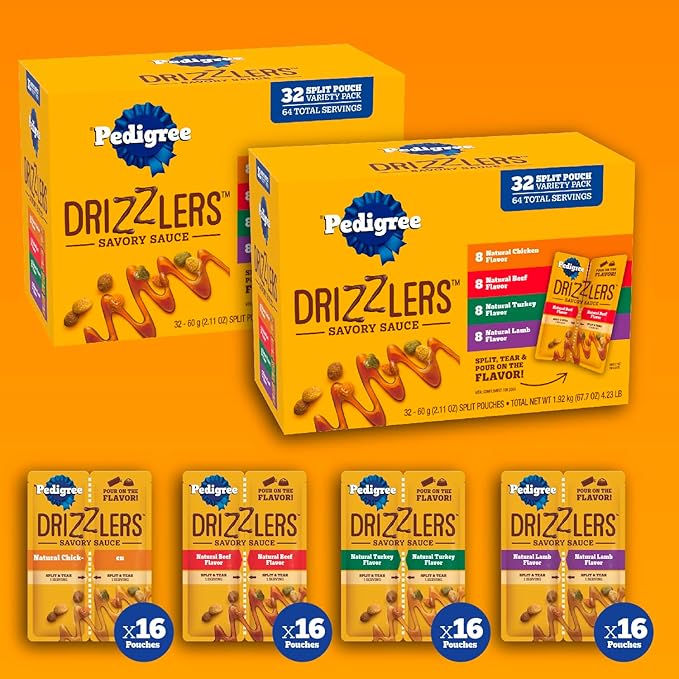 Pedigree Drizzlers for Dogs, Wet Dog Food Gravy Savory Sauce Multipack, 60g Dual-Serving Pouch, 32 Count, Pack of 2 (64 Pouches, 128 Servings Total)