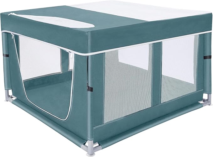 Dog Kitten Playpen with Cover, 42x42 x25.5 Puppy Playpen for Small Pet with See-Through Topper Proof, Green