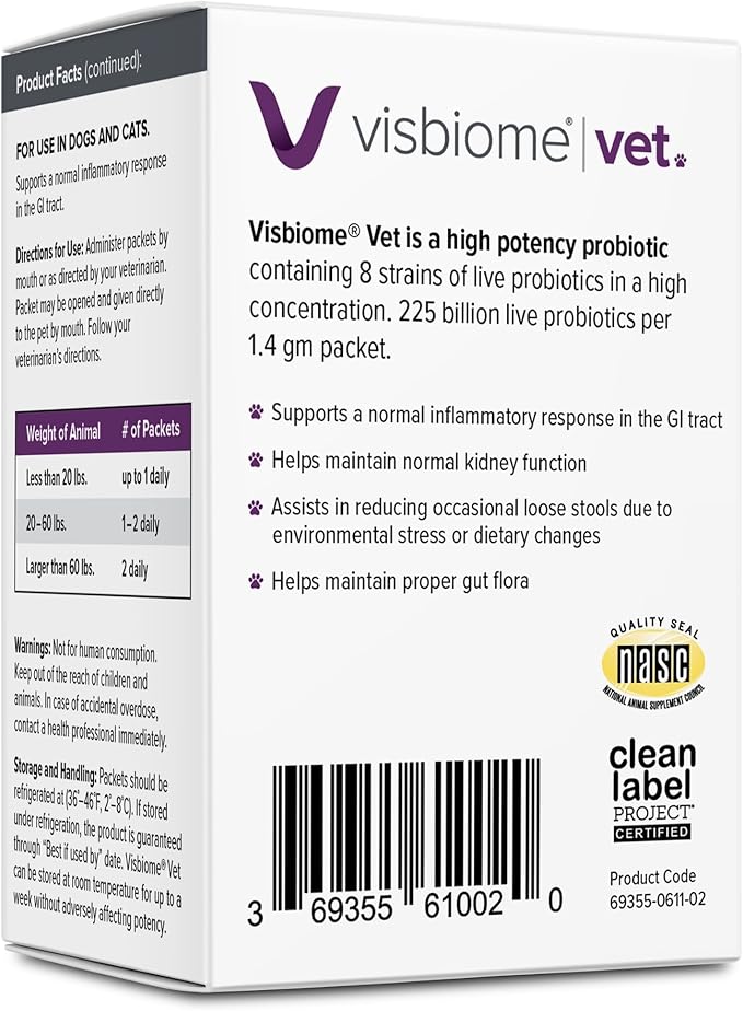 Visbiome® Vet Advanced GI Care High Potency Probiotic for Dogs & Cats – 225B CFU, 8-Strain Formula – Refrigerated, Veterinarian Recommended, Clean Label Certified – 90 Packets