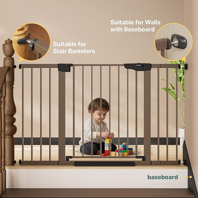 Cumbor 29.7–51.5" Extra Wide Baby Gate for Stairs, Pressure-Mounted Dog Gates for Doorways & Hallways, Auto-Close Walk-Through, No-Trip Design, Child Proof Safety, Dog/Pet Gate for Indoor Use, Brown