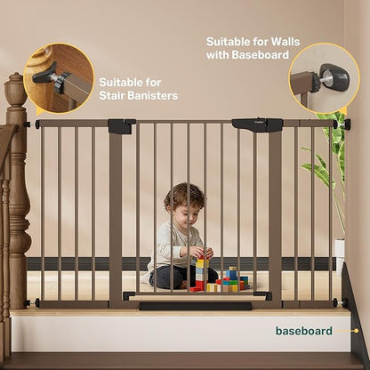 Cumbor 2-Pack Baby & Dog Gates Bundle, 29.7-51.5" & 30-54" Extra Wide Safety Gates for Stairs Doorways Hallways, Dual Lock Auto Close Easy Install Pet Gate, Brown