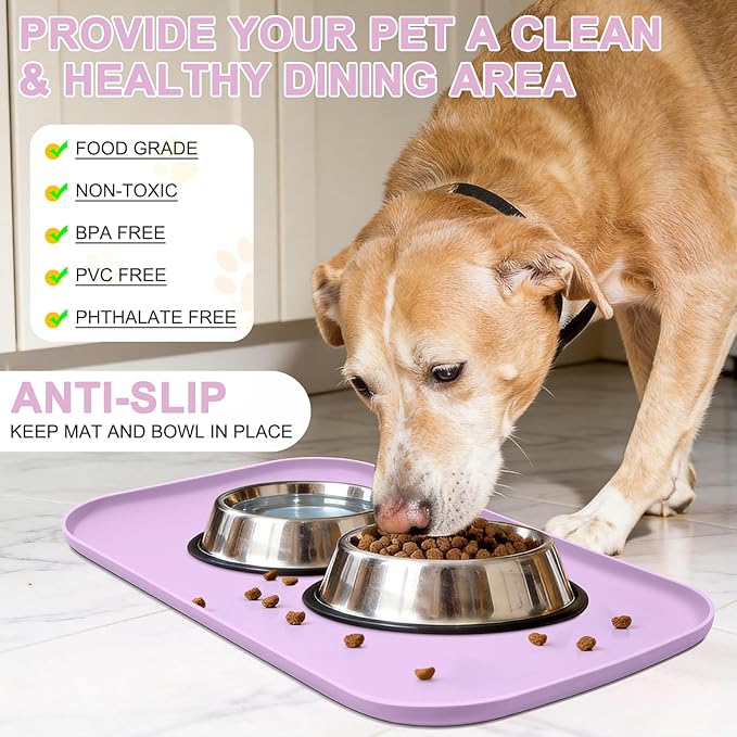 Smilool Silicone Pet Food Mat with Raised Edge for Food and Water Bowl, Dog Feeding Mats, Cat Food Trays for Floor Waterproof, Rubber Tray for Dogs and Cats, 19 x 12 x 0.7 Lavender