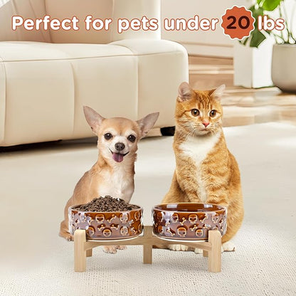 SPUNKYJUNKY Elevated Dog Bowls Ceramic, 5.1'' Dogs and Cat Food Water Bowls Raised with Non-Slip Bamboo Stand for Puppy Small Sized Breed Microwave Dishwasher Safe - 13.5 OZ,Skull Bronze