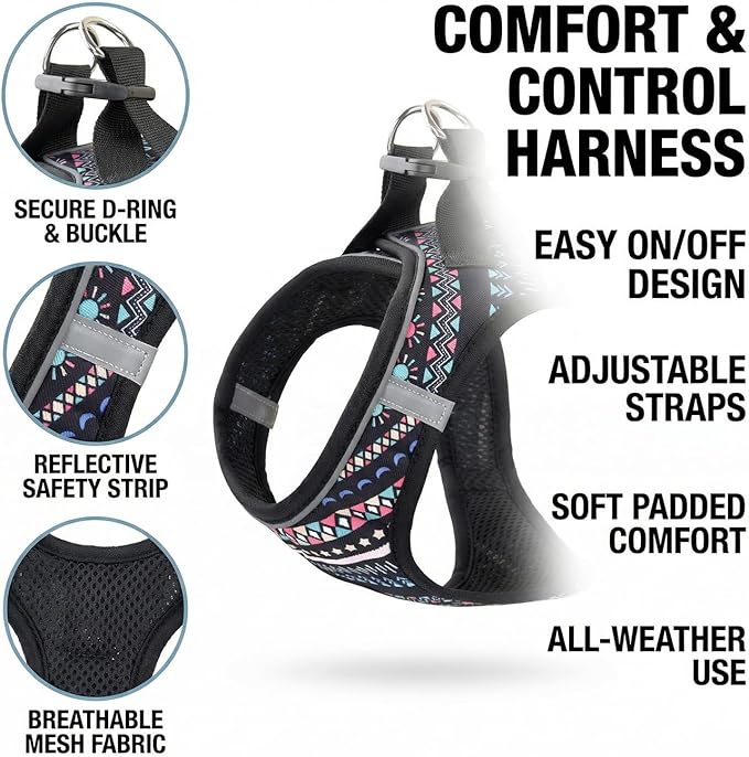 Mihqy Step in Dog Harness and Leash Set, Reflective Adjustable No Pull Dog Harness for Extra-Small/Small Dogs Puppy and Cats, Soft Padded Mesh Vest Harnesses for Girl and Boy Pets(Black Bohemia,XS)
